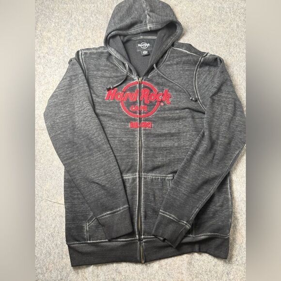 Hard Rock Cafe Hoodie Mens 2XL Gray Fleece Lined Ctton Embroidered Logo Full Zip - Picture 1 of 6
